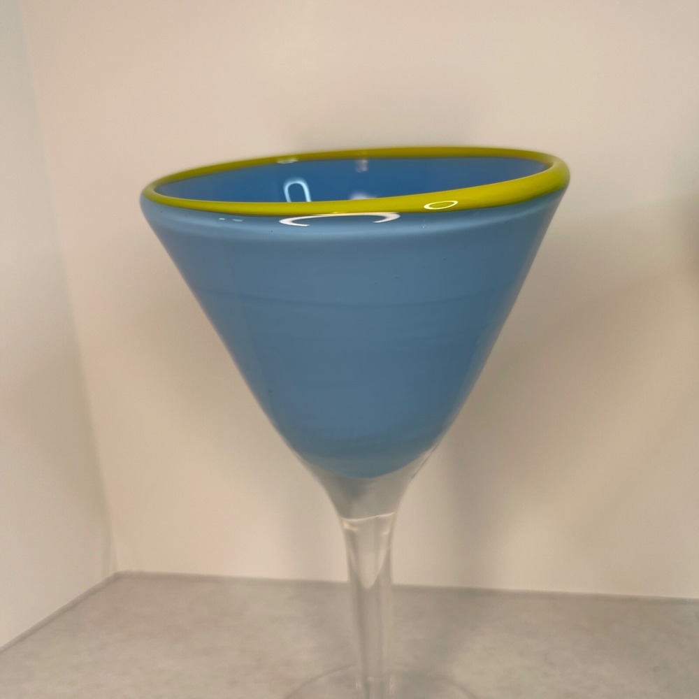 Margarita Martini Cocktail Blown Glass Base Rim Blue and Green Set of 2 - Picture 5 of 12
